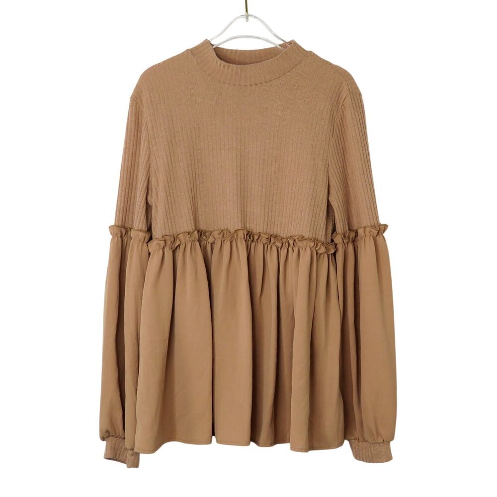 Shein Tan Beige Mock Neck Frill Trim Lantern Sleeve Peplum Blouse Medium
